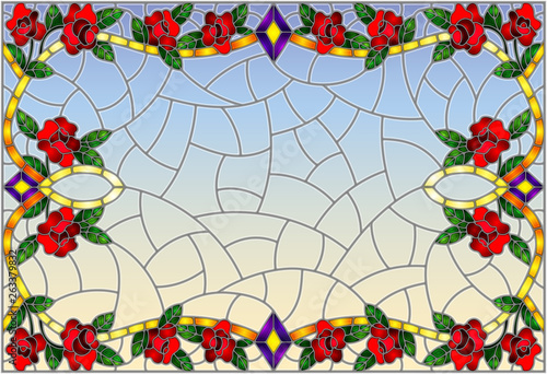 Illustration in stained glass style with a frame of red intertwined roses on a blue background