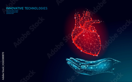 Low poly heart health day. Global cardiac awareness medicine banner anatomical health blood system test. Doctor online consultation vector illustration