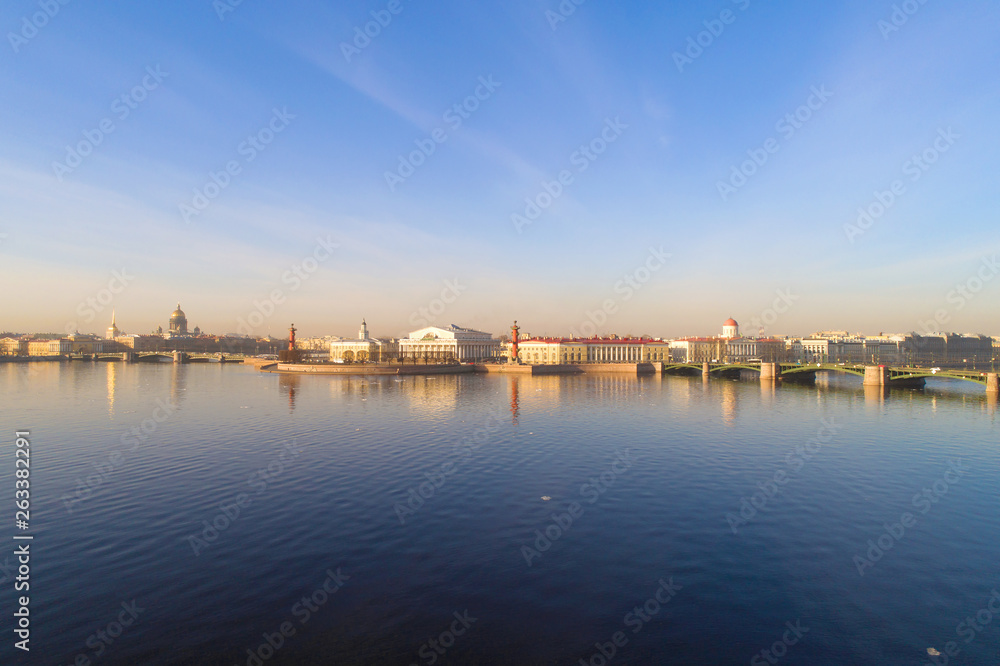 Panorama of the spring Neva and the arrow of the Vasilyevsky Island (shooting from the quadcopter). Saint-Petersburg, Russia