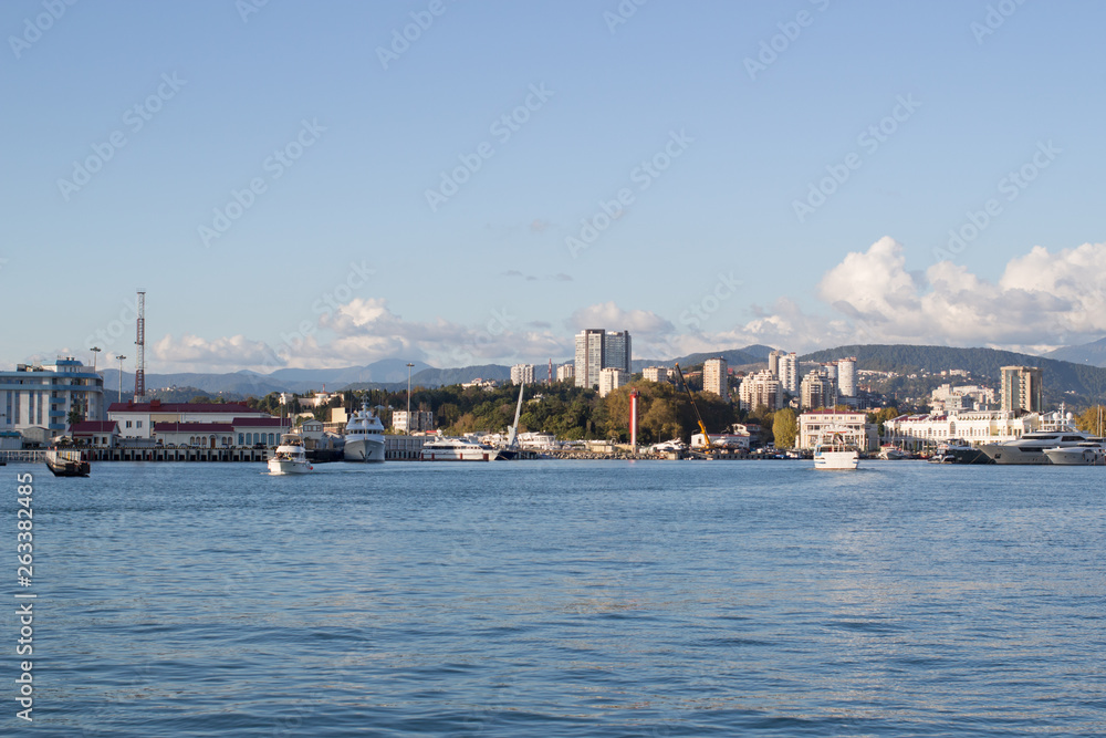 View of the city coast from the sea, ship