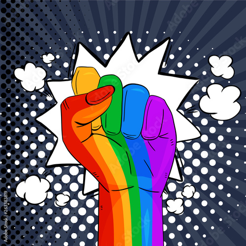 Man’s hand, the LGBTQ theme. Pride Month.  LGBT equal rights movement and concept of gender equality..Pop art vector illustration..