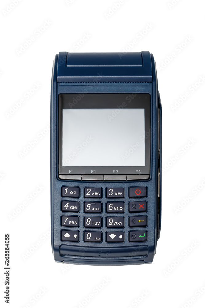 Modern blue payment terminal, with a blank screen, isolated on white. Modern blue payment terminal, with a blank screen, isolated on white.