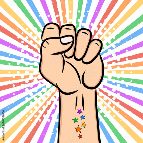 Man’s hand, the LGBTQ theme. Pride Month.  LGBT equal rights movement and concept of gender equality..Pop art vector illustration.