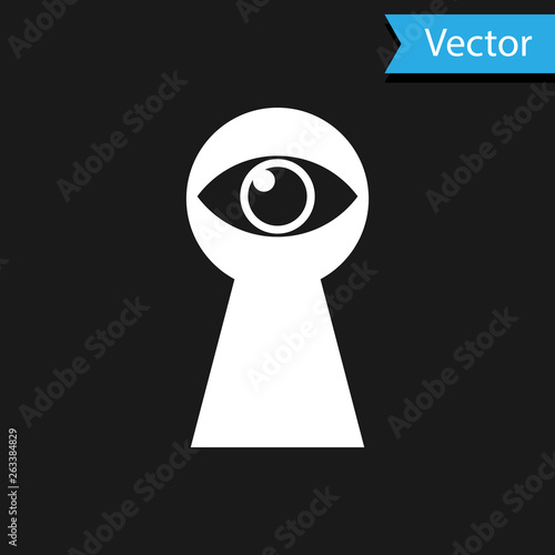 White Keyhole with eye icon isolated on black background. The eye looks into the keyhole. Keyhole eye hole. Vector Illustration