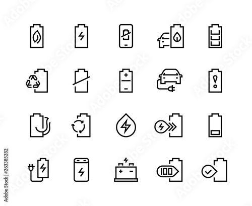Battery line icons. Electric energy charger car charge low electricity level sign phone charging lithium recycle. Batteries accumulator vector set