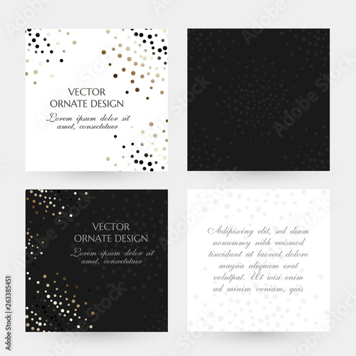 Golden dots design. Square cards collection. Banners with decoration elements on the black and white background.