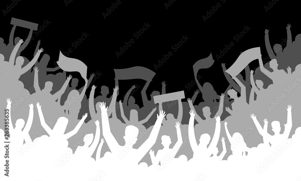 Naklejka premium Crowd silhouette background. Soccer fan people baseball basketball football handball hockey audience tribune. Vector concert banner hall bleachers