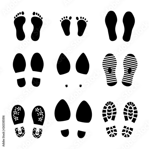 Footprints. Shoes and legs human steps, baby child and grown man footsteps, people funny step prints symbols. Vector different footprint set