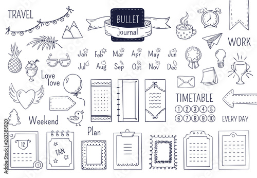 Journal hand drawn elements. Notebook doodle bullets, schedule calendar diary sketch line elements. Vector doodle bullet set