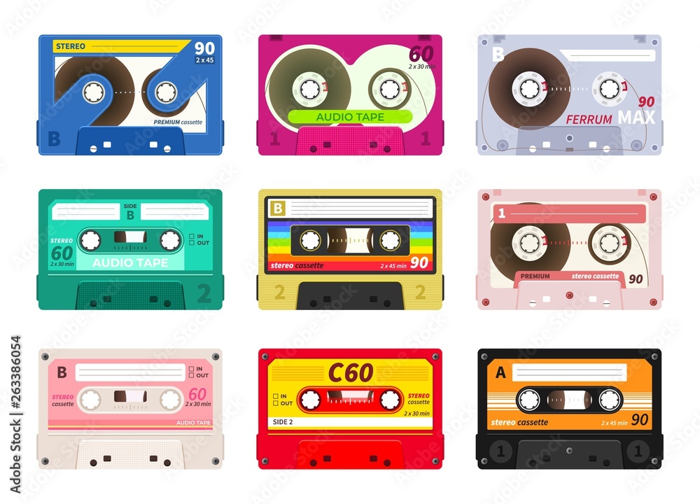 Vintage music cassettes. Retro dj sound tape, 1980s rave party stereo
