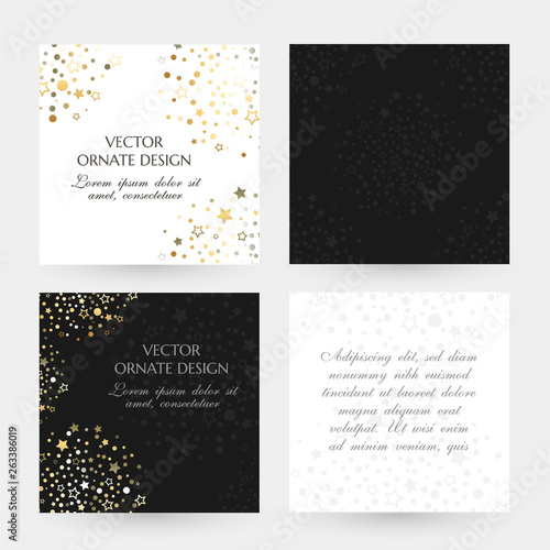 Golden dots and stars design. Square cards collection. Banners with decoration elements on the black and white background.