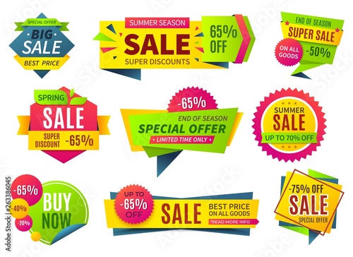 Sale banners. Price stickers collection, ribbons square and round shape badges and labels, discount coupons. Vector special designed percent offer set