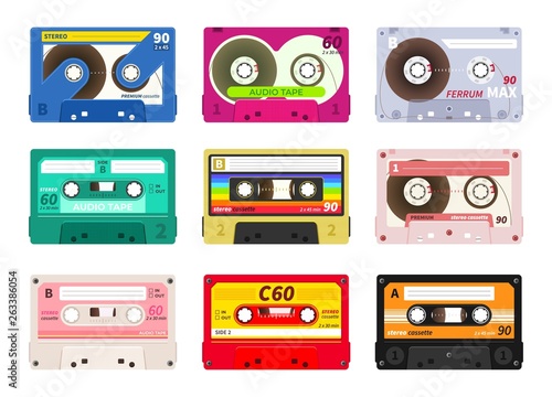Vintage music cassettes. Retro dj sound tape, 1980s rave party stereo mix, old school record technology. Vector old 90s coloured plastic cassettes set
