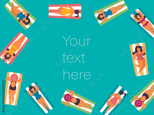 Marine background with a woman bathing on an inflatable mattress. Vector