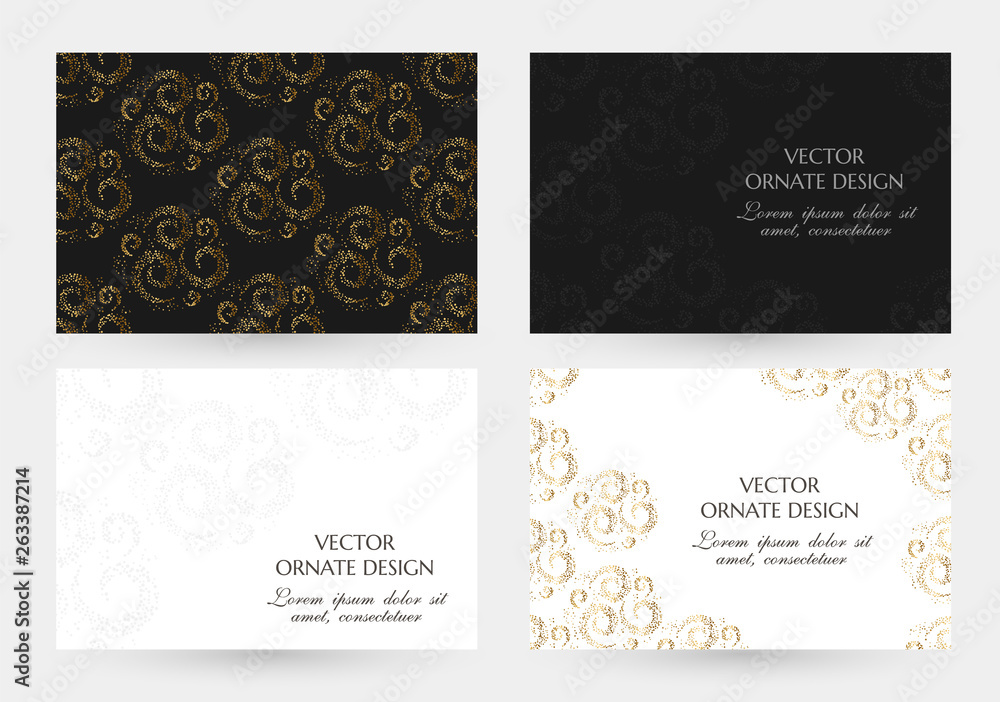 Golden swirls design. Cards collection. Horizontal banners with decoration elements on the black and white background.