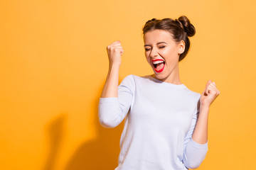 Portrait of her she nice-looking cool attractive lovely lovable winsome sweet crazy cheerful cheery girl having fun great breakthrough isolated on bright vivid shine yellow background