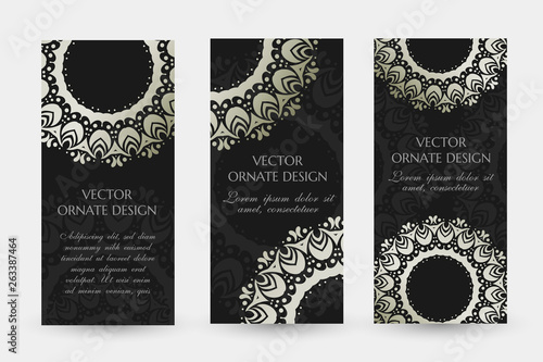Silver rings in Asian style. Luxury vertical flayers with ornaments on the black background.