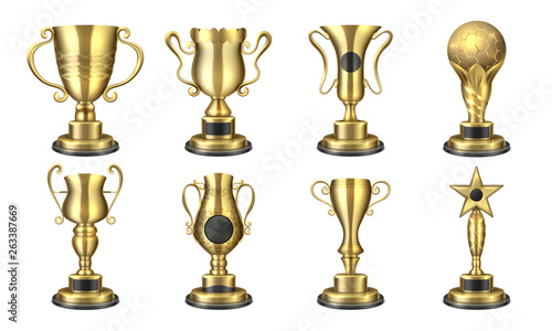 Golden awards. Realistic trophy cup, contest prize 3D design, sport reward concept, win and success elements collection. Vector winner cups
