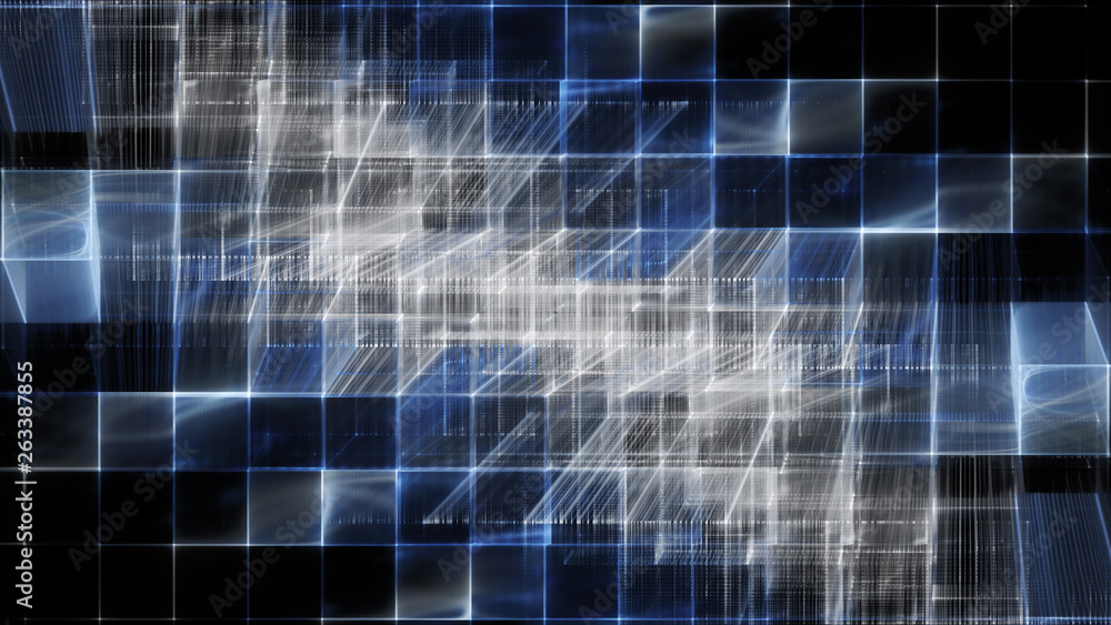 Abstract blue on black background element. Fractal graphics 3d illustration. Science or technology concept.
