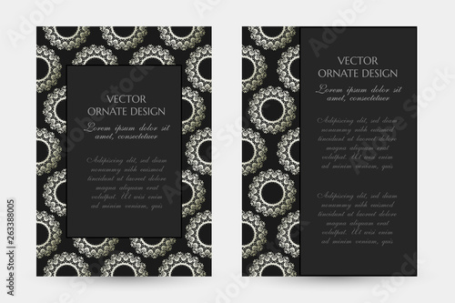 Silver rings in Asian style. Luxury vertical posters with decorative frame and border on the black background.