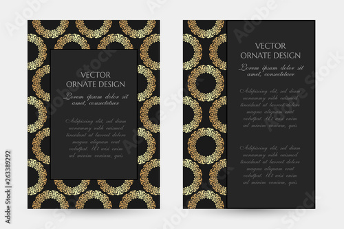 Golden ring in Easter style. Luxury vertical posters with decorative frame and border on the black background.