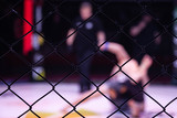 Sports concept of fighting without rules. Two athlete wrestlers in the arena of the octagonal scene. Mood fights without boxing rules MMA. Alternative look at sporting battles through the metal cage