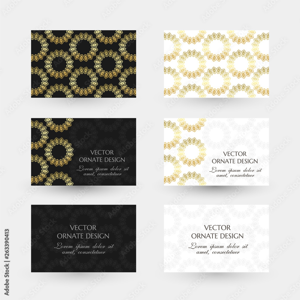 Golden rings in geometrical style. Business cards with ornaments on the black and white background.