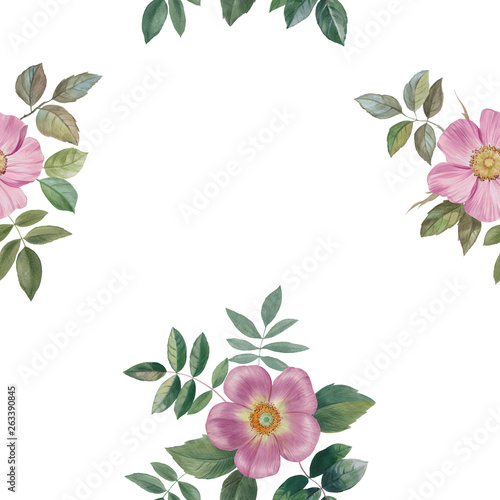 Seamless watercolor flowers pattern. Hand painted flowers and leaves of different colors on a white background. Flowers and leaves for design.