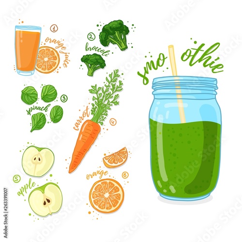 Green cocktail for healthy life. Smoothies with orange juice, broccoli, apple, carrot and spinach. Recipe vegetarian organic smoothie in jar. Template recipe card with detox drink for diet. Vector