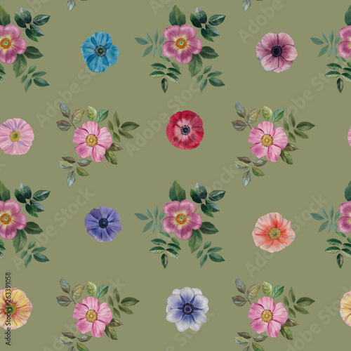 Seamless watercolor flowers pattern. Hand painted flowers of different colors. Flowers for design. Ornament flowers and leaves.