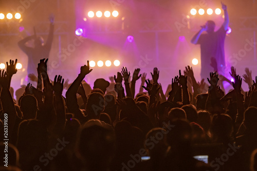 concert, silhouettes of happy people raising up hands, Music show. Bright scene lighting in club. Fans burn red flares at hip hop