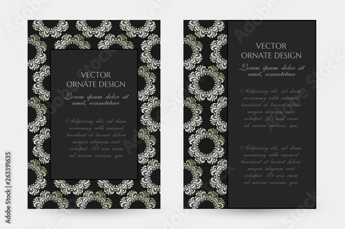 Silver floral motif. Luxury vertical posters with decorative frame and border on the black background.