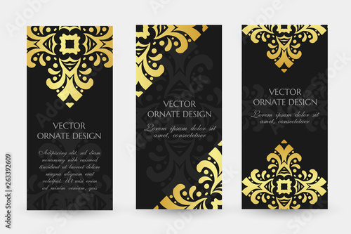 Gold decorative rhombus. Luxury vertical flayers with ornaments on the black background.