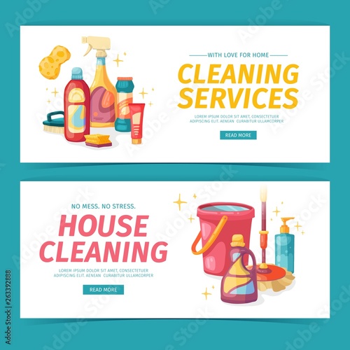 Set design banner House cleaning with cleaning products. Cartoon illustration household chemicals. Temlate for flyer clean up service. Chemicals bottle. Vector.