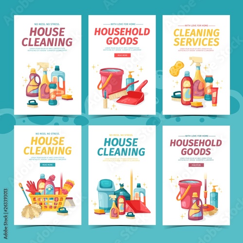 Set design banner House cleaning with cleaning products. Cartoon illustration household chemicals. Temlate for flyer and card clean up service. Chemicals bottle. Vector