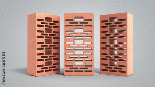 Solid clay bricks used for construction new red brick 3d render on grey gradient background