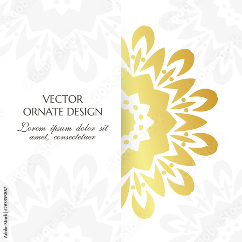 Golden floral motif. Square banner with decorative elements on the white background.