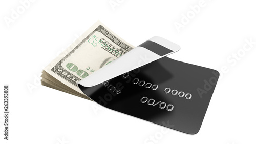 concept of cash withdrawal payment by card dollar bills fall out of the card 3d render on white no shadow
