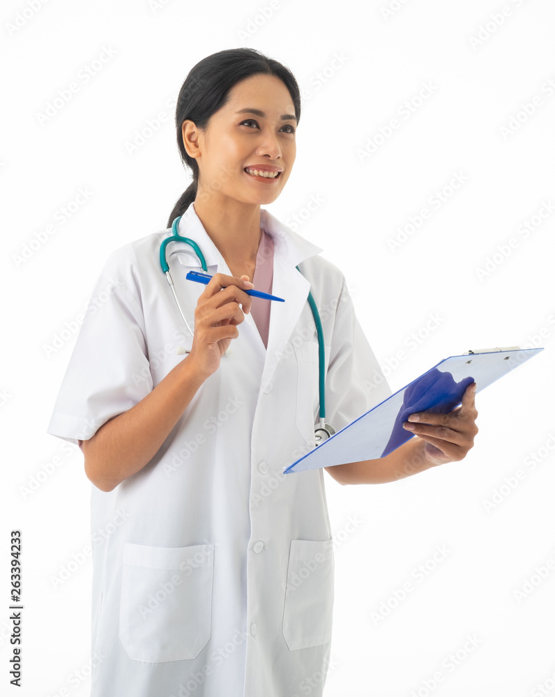 Asia Woman doctor, Smiling cheerful hold with clipboard. isolated on white background. Asia Woman doctor, Smiling cheerful hold with clipboard. isolated on white background.