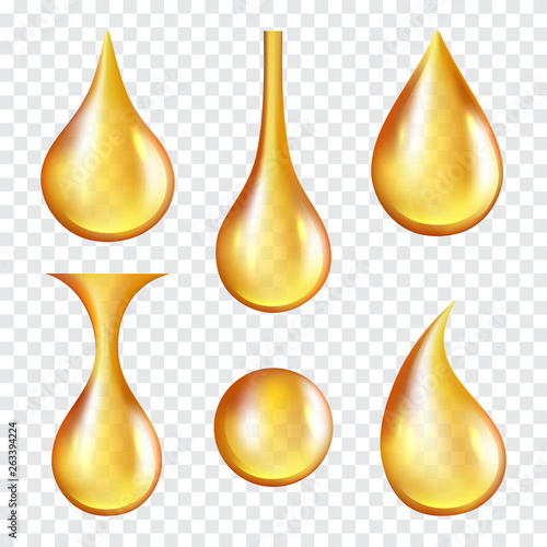 Oil drops. Yellow transparent splashes of machine or cosmetic golden oil vector realistic template. Illustration of liquid oil, drop and splash