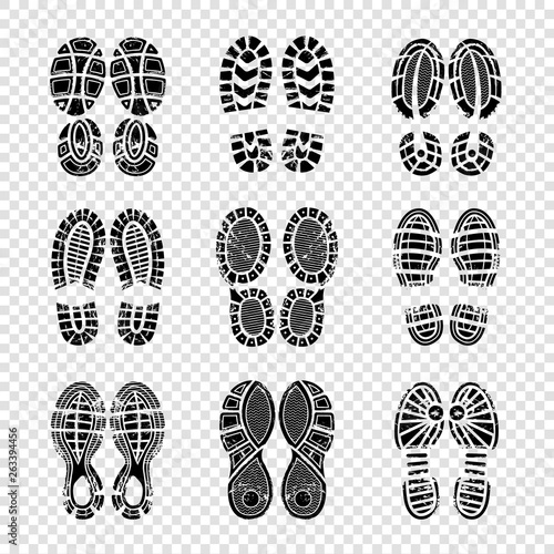 Footprint human. Walking boots soles steps silhouettes vector template printing texture. Illustration of imprint and footprint, foot silhouette