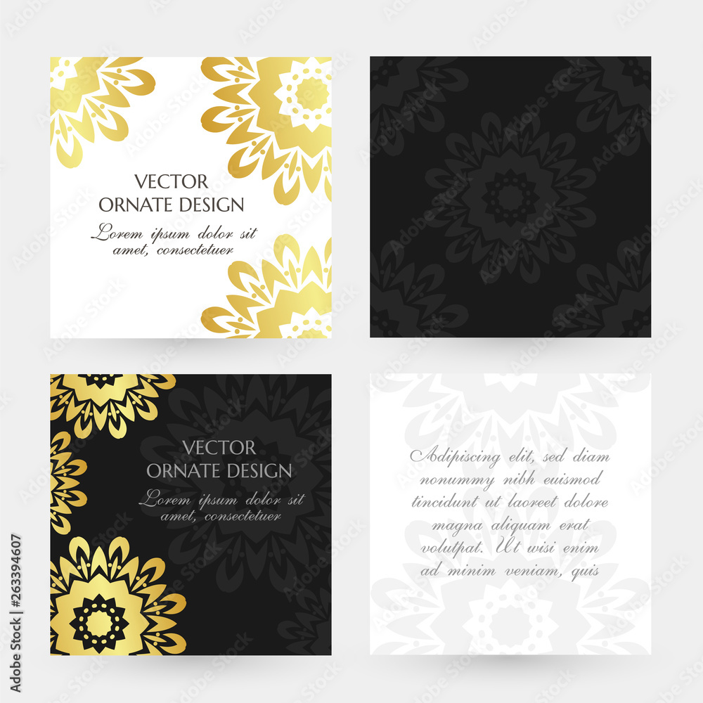 Golden floral motif. Square cards collection. Banners with decoration elements on the black and white background. Golden floral motif. Square cards collection. Banners with decoration elements on the black and white background.