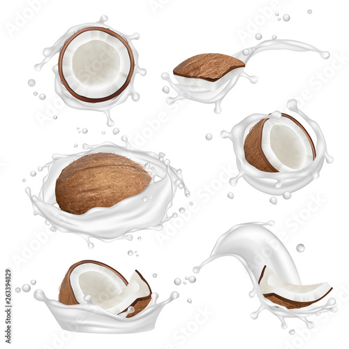Coconut milk. Tropical fresh plant aromatic nuts and fruits yogurt splashes vector realistic collection. Natural coco nut with milk, coconut fruit illustration