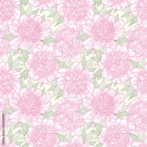 Seamless pattern with peony flowers hand drawn in lines. Graphic doodle sketch floral background. Vector illustration