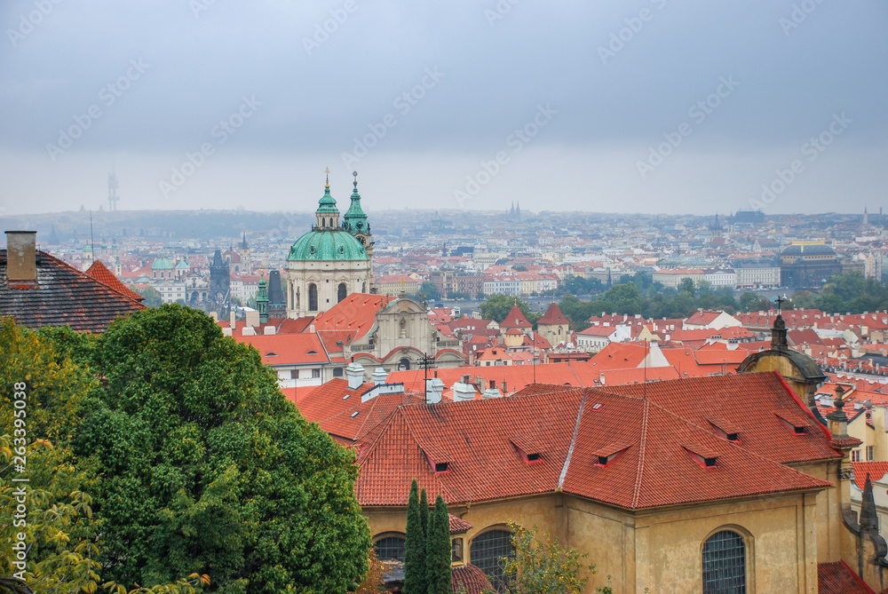 Panoramic view of old city of Prague at cold day