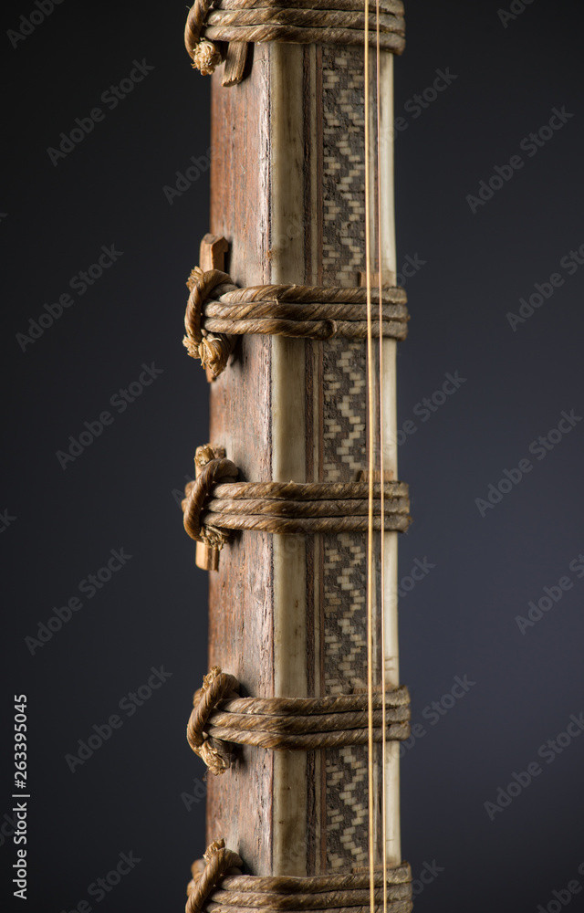 Naklejka premium ancient Asian stringed musical instrument on black background with backlight. tuning peg 