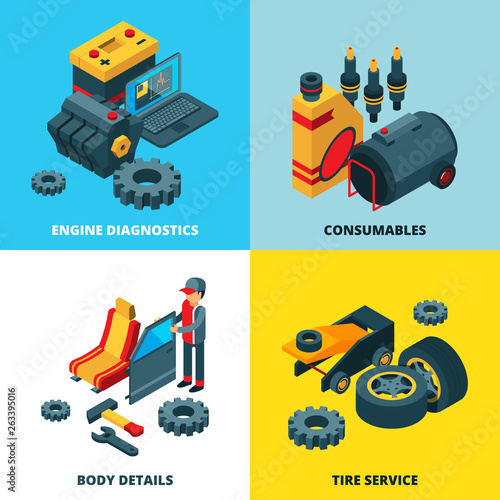 Car parts collection. Engine automobile wheels accumulator transmission gears vector isometric pictures. Repair auto, automobile service illustration