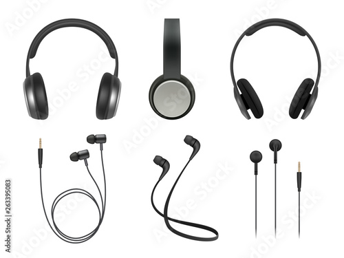 Music earphones. Quality electronic items stereo headphones technology vector realistic pictures. Headphone electronic, earphone stereo illustration