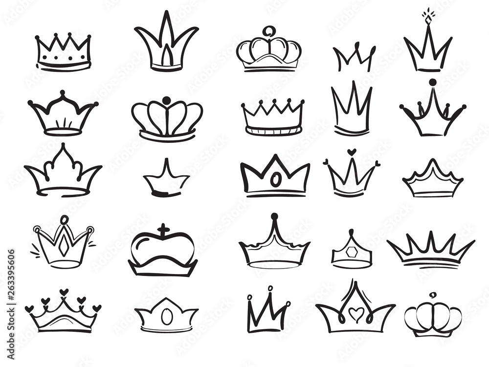 Doodling crown. Ink hand drawn symbols of king elegant imperial monarch