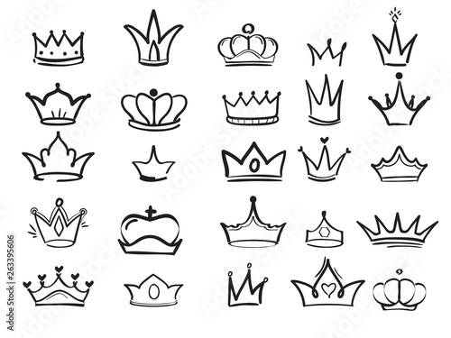 Doodling crown. Ink hand drawn symbols of king elegant imperial monarch vector ink art. Princess crown and king elements illustration